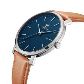 CHEETAH Minimalist Waterproof Quartz Watches for Men Silver-Tone with Leather Strap, Blue Face Auto Date