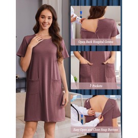 Deyeek Women Gowns Sleepwear Short Sleeve Open Back Hospital Nightgowns Tear Away Snap Cute Nurse Dress With Pockets Red XL