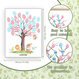 AMSNINK Gender Reveal Party Fingerprint Tree - (12 Inches x 16.5 Inches) Animal Theme Gender Proclamation Baby Decoration Fingerprint Leaves as Guest Book & Keepsake for Gender Reveal Party Decoration