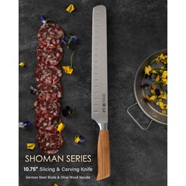 Mitsuharu 10.75" Slicing Knife, SHOMAN Series Brisket Knife for Meat Cutting with Ergonomic Olive Wood Handle, German Steel Meat Carving Knife for BBQ Brisket Turkey Ribs Roast Beef with Case