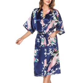 Lovasy Kimono Dressing Gowns Satin Kimono Robe Peacock and Blossoms Silk Dressing Gown for Women UK Long Silk Bride and Bridesmaid Robes,Dark Blue,XL