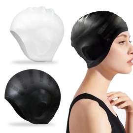 2 Stück Badekappe Mädchen, Damen und Herren Badekappe Silikon Badekappe - Hochwertige Qualität - Dehnbare und Bequeme Schwimmkappen-Erwachsene Unisex-Silikon-Badekappe(Schwarz und Weiß)