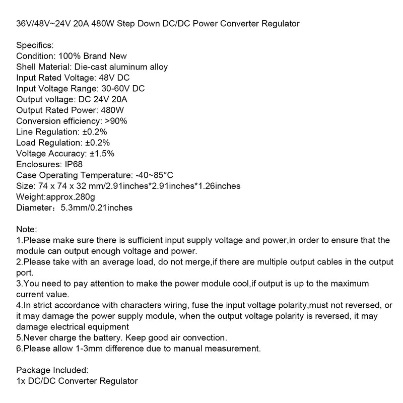 Artudatech Waterproof 36V/48V to 24V 20A 480W Step Down DC/DC