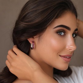 Trendy CZ Gold/Silver Hoop Earrings for Women Square Hypoallergenic chunky gold Hoop Earrings Geometric Minimalist Rectangle Hoops(Silver Pink)