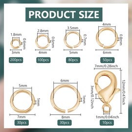 PH PandaHall 500pcs 24K Gold Plated Jump Rings for Jewelry Making, 6 Sizes Brass Open Jump Rings Connectors with 10pcs Lobster Clasp for DIY Necklace Bracelet Choker Jewelry Repair Crafts, 3-8mm