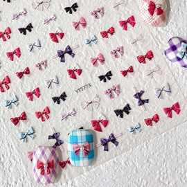 Cute Bow Nail Stickers Multicolor Bowtie Nail Decals Bow Stickers for Nails 3D Self Adhesive Nail Art Supplies & Decorations for Women Girls,1 Sheet DIY Manicure Decor