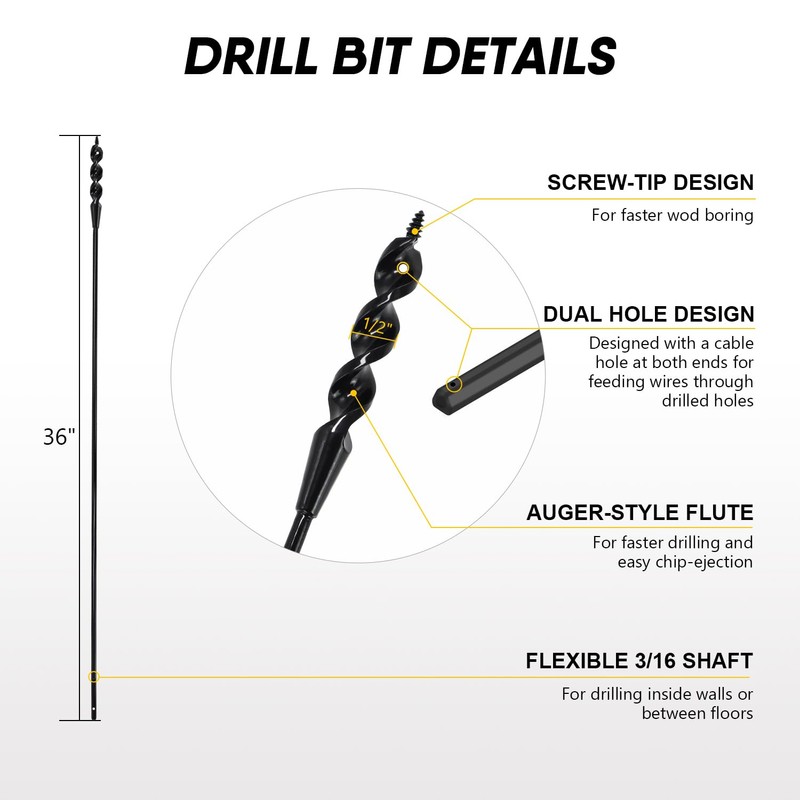 HUAALIUCHE 36× 3/16×1/2 inch Head Installer Drill Bit Fish Bit