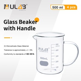 ULAB Glass Beaker with Handle, Vol. 500ml, 3.3 Borosilicate Griffin Low Form with Printed Graduation,Pack of 4,UBG1071