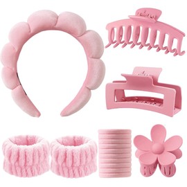 16 Piece Spa Headband Make Up Sponge Set for Women, Bubble Skincare Headband Wrist Wash Band, 3 Hair Clips, 10 Hair Elastics, Make-Up Hair Band, Cosmetic Headband, Yoga Sports Shower Haircare Set