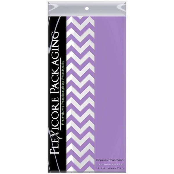 Flexicore Packaging Lilac Purple Gift Wrap Tissue Paper | Size: 15 Inch X 20 Inch | Count: 20 Sheets | Color: Solid Lilac & Chevron