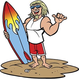 Cool Shaka Surfer Dude with Surfboard Flames Cartoon Vinyl Decal Sticker (8" Wide)