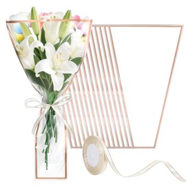 50 PCS Flower Bags for Bouquets Wrap, 17.1 x 11 x 3.5 in Clear Plastic Flower Sleeves for Bouquet, Gold Border Ribbon Floral Wrap Supplies, Gifts on Graduation Wedding Floral Bar Display (White)