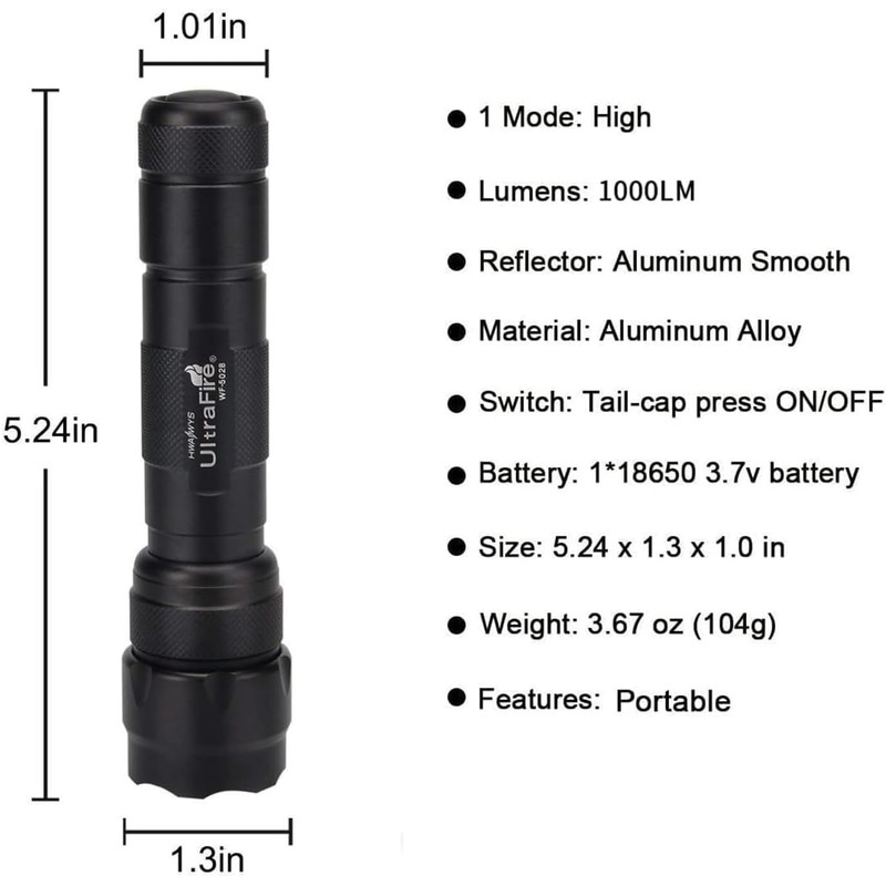 ULTRAFIRE WF-502B Mini LED Flashlight 1000 Lumens Single Mode Tactical