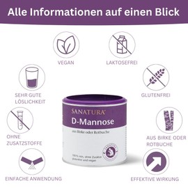 Sanatura D-Mannose - 75 g - Vegetable Simple Sugar from Nature - Birch and/or Red Beech - Slightly Sweet Taste - Vegan and Gluten Free