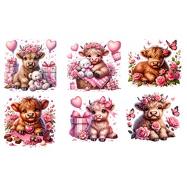 6 Piece 6"x6" Pink Valentine Baby Highland Cows 100% Cotton Fabric Panel Squares | Quilting Panel Blocks MP106
