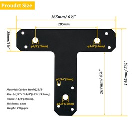 1 Pack T Shaped Plate, Black Flat Tee Mending Plate Bracket，Straight Fixing Repair Bracket Wood Furniture Joint Post to Beam Connectors Timber Support Hardware（6½" x 5¾", Width 1½", Thickness 4mm）