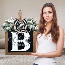 Ultra Large 14'' Last Name All Year Round Front Door Wreath with 26 Initial Letter Welcome Sign All Seasons Eucalyptus Garland and Bow Wreaths for Front Door Porch Farmhouse Decoration (B)