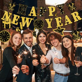 New Years Eve Party Supplies 2025, Black and Gold Happy New Year Eve Banner New Year Hanging Swirls Happy New Year Banner and Ceiling Hanging Swirls for 2025 Happy New Year Decorations