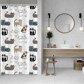 ASDCXZ Narrow Shower Curtain 120 x 200 cm, Cute Cartoon Cat Children White Bathroom Washable Shower Curtains with Eyelets Polyester Textile Waterproof Shower Curtain for Bath with 8 Hooks