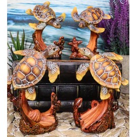 Ebros Gift Set of 4 Ocean Voyage Exploring Sea Turtles Set of 4 Mini Figurines in Faux Wood Carving Resin Finish Marine Life Turtle Family Scene Coastal Nautical Under The Sea Decors