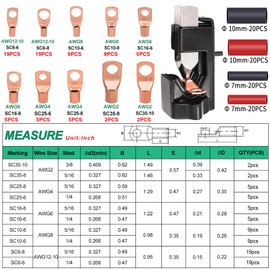Twidec/160PCS Battery Cable Ends AWG 2 4 6 8 10 12 Gauge Copper Cable Wire Lugs,Ring Terminals Connectors,Copper Ring Terminals Connectors and Hammer Lug Crimper Tool 8 AWG to 0000 AWG