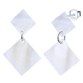 MicLee Womens Girls Silver Shell Pearl Drop Earrings Elegant 925 Sterling Silver Rhombus White Shell Earrings Studs