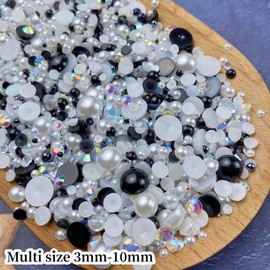 Mix Flatback Pearls and Rhinestone,60g Resin Rhinestones Half Round Pearls for Crafts 3mm-10mm AB Color Half Pearl Flatback Rhinestone for Nail Face Art,Bottles (White Black Series)