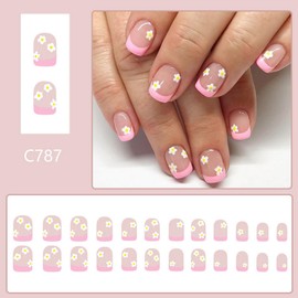 Pink Press on Nails Short Square Fake Nails Flower designs Stick on Nails Glossy Full Cover Petite False Nails French Tip Press ones Cute Acrylic Nails Glue on Nails for Women Spring Summer 24pcs