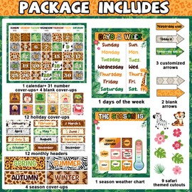 Safari Jungle Animals Calendar Bulletin Board Set for Classroom Decoration Wild Calendar Season Weather Chart Animal Simply CTP Paper-Cuts for Back to School Teacher Nursery Chalkboard Wall Door Decor