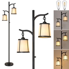 9MMML Farmhouse Floor Lamp for Living Room, 67'' Tall Floor Lamp with 2 Hanging Smooth Faux Leather Lamp Shade, Vintage Black Dimmable Standing Lamp for Bedroom, 2 x 800LM LED Bulbs Included
