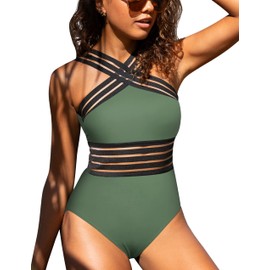 Mycoco Traje de baño de una Pieza con Cuello Alto y Tirantes Cruzados para Mujer, Verde ejército, X-Large/US14
