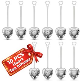 Filtro de té de agarre largo de malla de acero inoxidable en forma de corazón, cuchara coladora de té, juego de 10 cucharas infusor de té, 10 unidades