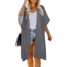 Women's Solid Puff Sleeve Kimono Long Cardigan Loose Cover Up Casual Blouse Top Chiffon, Grey, One Size