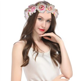 yuruyi Flower Crowns for Women, Floral Crown Pearl Headpiece for Wedding Bridal Festival Adjustable Hairbands Camellia Handmade Hair Wreath Accessory Hairbands for Girls (Pink-Pink, Adjustable)