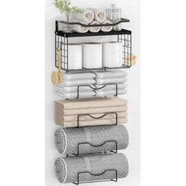 Towel Racks for Bathroom,Towel Rack Wall Mounted, 6 Tier Rolled Or Folded Towel Holder with Floating Shelves, Bathroom Towel Holder for Bath, Hand Towels,Metal and Wood,Full Black
