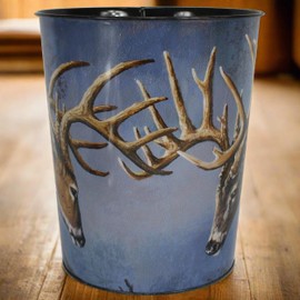 Rivers Edge Products Waste Basket, Tin Trash Bin for Office, Kitchen, Bathroom, Bedroom, Novelty Bucket for Drinks, 10.5", Whitetail Deer