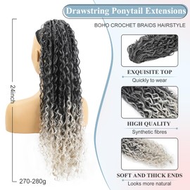 Originea Drawstring Ponytail for Women 24 inch Boho Braids with Long Wavy Hair Clip in Ponytail Extension Synthetic Hair Extensions Ponytail for Daily (#T1B/Silver)