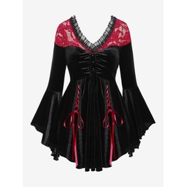 ROSE GAL Rosegal Women Plus Size Romantic Gothic Lace-up Lace Panel Ruched Bell Sleeves Velvet Tee Flare Sleeves Gothic Witch Costume Top(Black_2/1X)