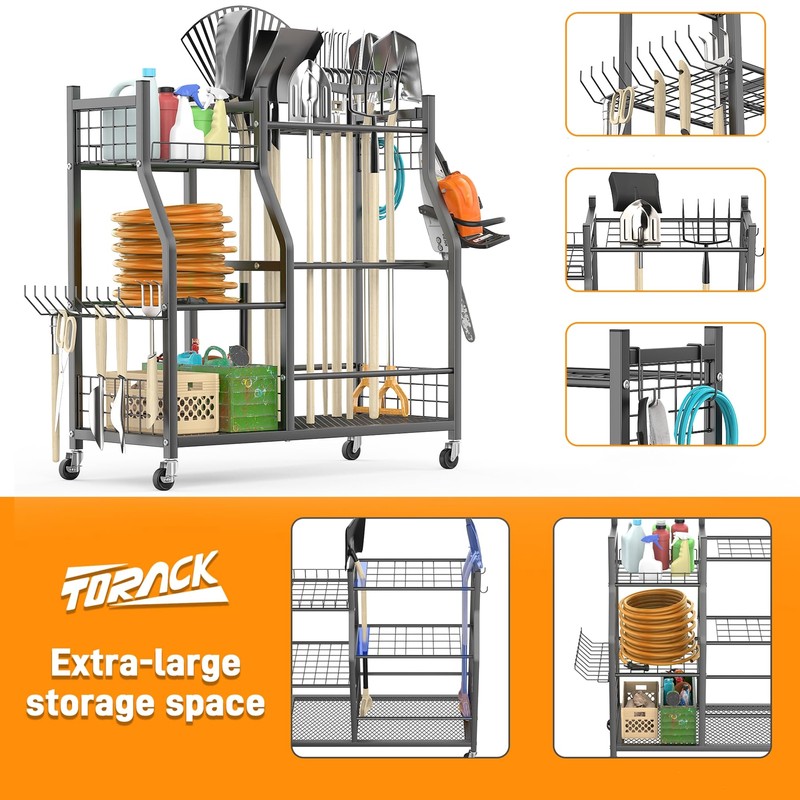 TORACK Garden Tool Organizer with Wheels, Rakes Shovels Yard Tools