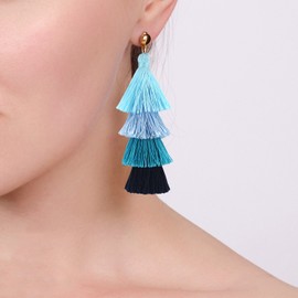 BaubleStar Fashion Gold Tassel Dangle Earrings Layered Long Bonita Tiered Blue Ombre Thread Tassel Drop Statement Jewelry for Women