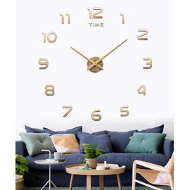 SIEMOO Large DIY Wall Clock, 3D Mirror Number Stickers Large Wall Clock Kit Mute Frameless Modern Design for Home Living Room Bedroom Office Decoration-Gold