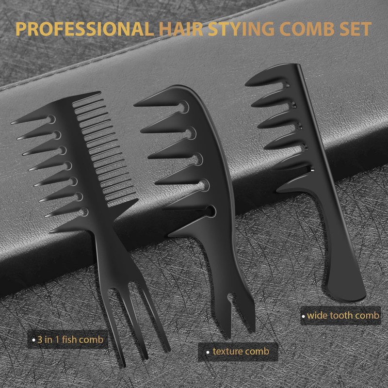 DUAIU 3 Pieces Hair Styling Combs for Men Black Wide