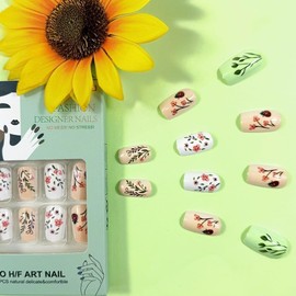 Flower Green White Press on Nails Short Square Fake Nails with Floral Designs Ladybug Spring False Nails Acrylic Nails Cute Glue on Nails Full Cover Stick on Nails for Women Supplies 24PCS