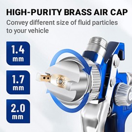 AICARS HVLP Spray Gun Kit with 1.4mm/ 1.7mm/ 2.0mm Nozzles High Performance Paint Gun Large Capacity 1000cc Aluminum Cup with Pressure Gauge for Auto Paint, Base-coats, Clear-coats and Primer-Blue