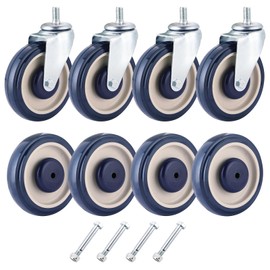 FLKQC 8 Pack 5" Shopping Cart Replacement Wheels Kit, Double Ball Bearing TPU Silent Wheels for Supermarket Carts, Cart Wheels Set with Hardware- 5 Inch Stem Threaded Caster Wheels (Blue)