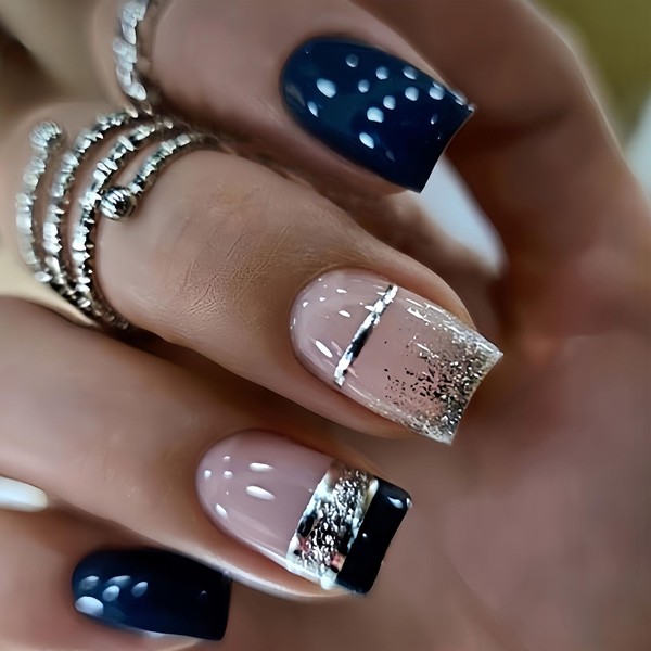 IMSOHOT Press on Nails Short Square Fake Nails Blue Glossy