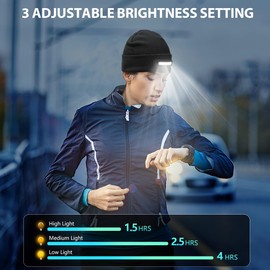 RANCOVY Rechargeable LED Headlamp Cap with Lights for Men and Women, Unisex Beanie Hat with Light Warm Knitted Cap with USB Flashlight - Black