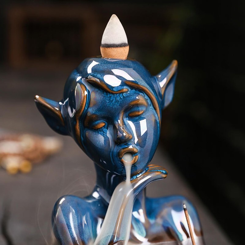 Blue Glaze Elf and Black Rose Ceramic Ornament, Backflow Incense