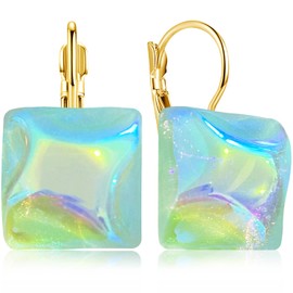 JOONL Bohemian 14k Gold Dainty Colorful Resin Square Dangle Drop Earrings Acrylic Geometry Leverback Earrings for Women (Blue Green)