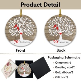 REWIDPARTY 70th Wedding Anniversary Ornament 70th Anniversary Tree Gifts Happy 70th Anniversary Keepsake Married Anniversary for Couple Gifts 3" Circle Ceramic Ornament with Gold Ribbon & Gift Box